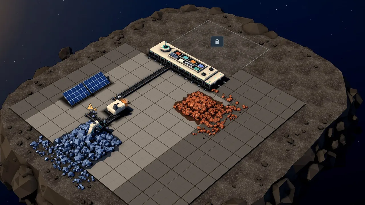 Eclipse Works: a small factory with solar panels, a drill and conveyor belts on a rocky asteroid in orbit